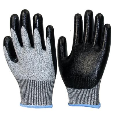 China Big Handle EN388 4544 13G Standard HPPE Foam Nitrile Glass Micro Handling Black Palm Coated Level 5 Work Safety Anti Cut Heavy Duty Hand Gloves for sale