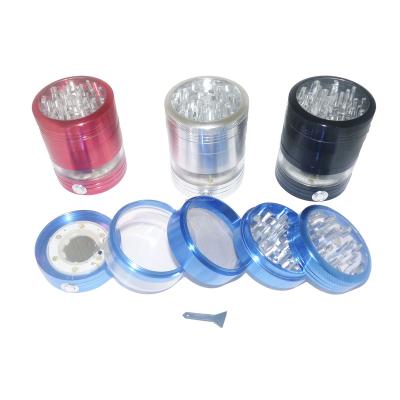 China Aircraft Aluminum 6063 JC8273 63mm Clear Head Wholesale 5 Parts Herb Grinder Herb Grinder With Led Light And Window Herb Grinder Smoking Accessories for sale