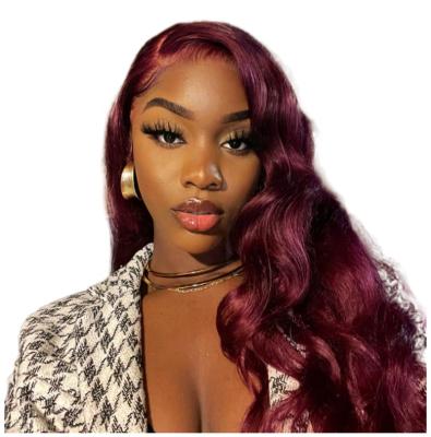 China Body Wave 40 inch super double drawn vietnamese hair wig 13x6 knots hd lace frontal wig burgundy red color 99j human hair  lace front wigs for sale