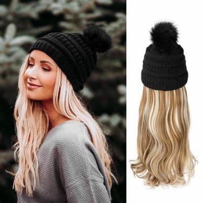 China Body Wave Beanie with Hair Attached for Women Slouchy Cable Hat Wig Knit Beanie Winter Hat with 20 inch Removable Hair Extensions Wig for sale