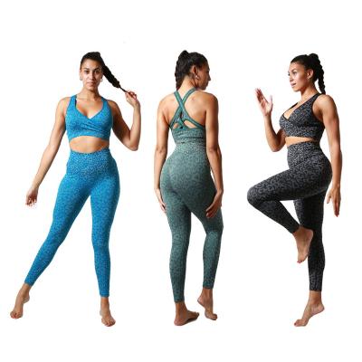 China New Arrival Women's Four Way Stretch Leopard Print Camouflage Large Size Buttocks Lifting Up Fitness Pants Sports Wear Yoga Bra Set Suit for sale