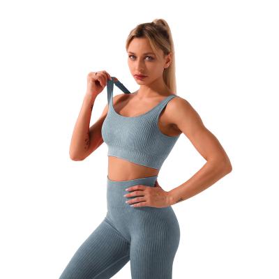 China Women Workout Seamless Stripe Four Way Stretch Waist Pants Breathable Fitness Pants Bra Top Set Sports Pants Yoga Bra Legging Suit for sale