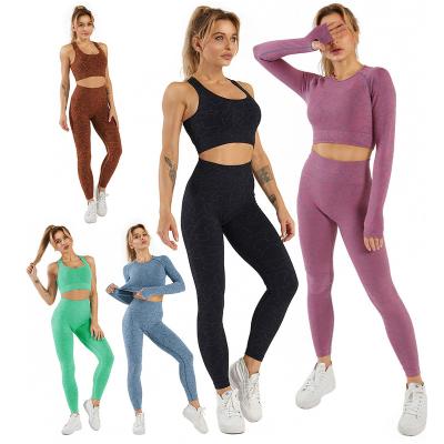 China High Waist Stretch Hip Lift Sportswear 3pcs Sports Yoga Bra Sports Bra Legging Suit Workout Suit Four Way Seamless Women Long Sleeve for sale