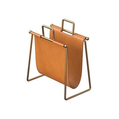 China Modern Home Office Living Room Metal Magazine Rack Book Holder Stocked Leather Stand for sale