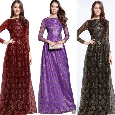 China 2021 Breathable Ethnic Ladies Clothing Women Long Style Gold Pendant Suntan Retro Slim Sleeve Lace Muslim Dress for sale