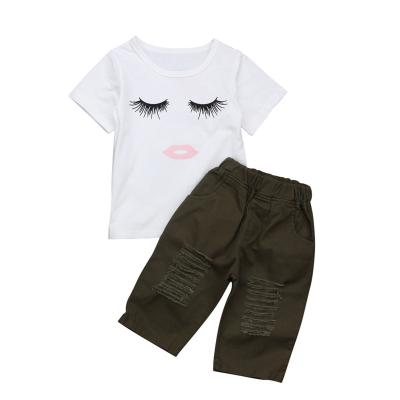 China Girls casual short-sleeved expression summer white T-shirt tops + two-piece ripped pants children's clothing for sale