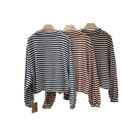 China Vintage Stripe Print Cotton Drop Shoulder Gathering Cuff Crew Neck Lantern Leisure Women's Round Neck T-Shirts Sets for sale