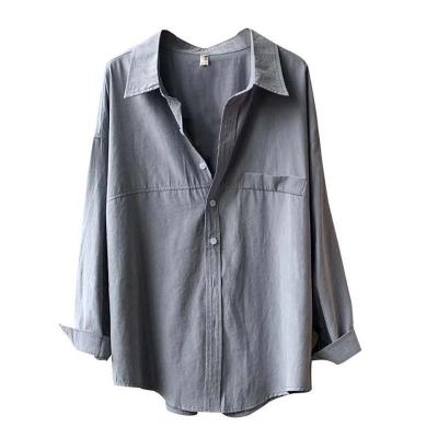 China Breathable Comfortable Turn-Down Casual Collar Top Basic Pocket Buttons Long Sleeve Lady Plain T-Shirts for sale