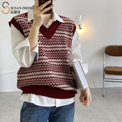 China Anti-Wrinkle Women's Christmas Sweater Female Knit Vintage Lady Waistcoat New Elegant Female V-Neck Ethnic Geometric Pattern Casual Vest for sale