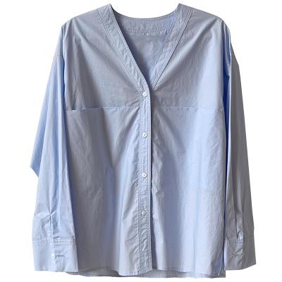 China Anti-pilling New Elegant Loose V-Neck Pockets Button Spring Long Sleeve Cotton Lady's Blue White Blouses Shirts For Women for sale