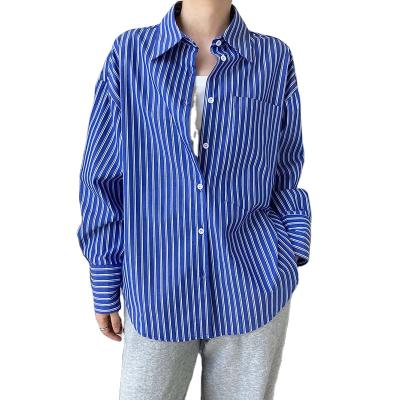 China Anti-pilling Elegant Fashion Turn Down Lady Collar Button Pockets Blue Stripe Overise Blouses Long Sleeve Shirts For Women for sale