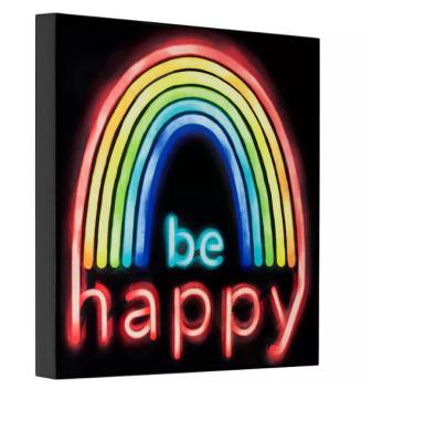 China Buildings Rainbow Be Happy Letters Faux Wall Art Decoration Acrylic Box LED Neon Sign for sale