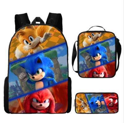 China New 3 Piece Schoolbag Waterproof Sonic Backpack 3D Printing Schoolbag 3 Piece Student Schoolbag Lunch Bag Pen Bag Combination for sale