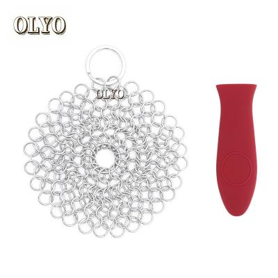 China Durable Chainmail Mesh Cast Iron Cleaner Stainless Steel Scrubber with Silicone Cast Iron Pan Handle Grip for sale