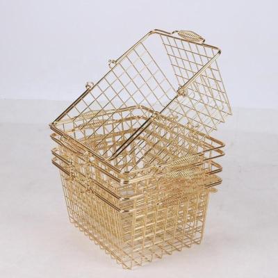 China Gold Stackable Wire Mesh Shopping Storage Basket Viable With Handle for sale