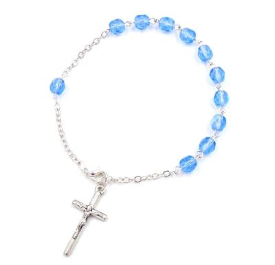 China Light Blue Rosaries Religious Catholic Cross Pendant Crystal Bracelet for sale