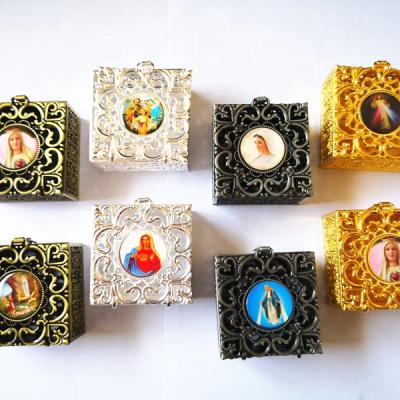 China Europe Alloy Silver Hollow 45mm Sticker Customized Religious Gifts Packaging Metal Rosary Jewelry Gift Box for sale