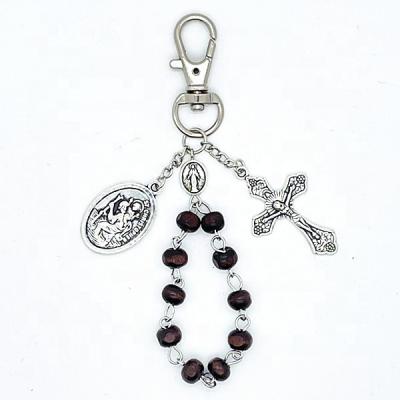 China Brown New St Joseph Wooden Beaded Keychains Catholic Handmade Rosaries Bracelet for sale