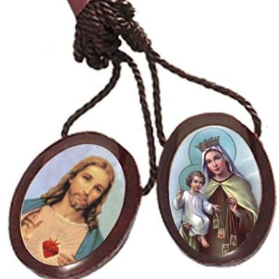 China Wholesale Custom Religious Catholic Scapular Necklace Brown Acrylic Wood Scapular for sale