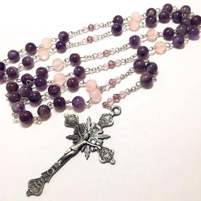 China Crystal Beads Jewelry Pink Religious Purple Crystal Beads Handmade Necklace Cross Silver Plated Rosary for sale