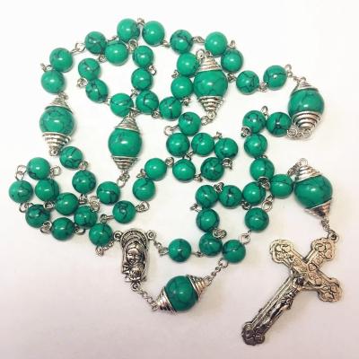 China Flower Cup Turquoise Catholic Rosaries Religious Green 12MM Mother & Stone Alloy Beads 8MM for sale