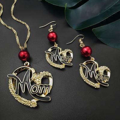 China TRENDY Romantic Red Black Pearl Heart Shape Dangle Earrings Gold Plated Heart MOM Mother's Day Necklace Pendant Jewelry Sets for sale