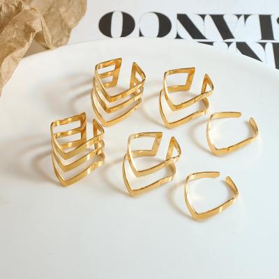 China TRENDY Hip Hop 18K Gold Plated Cavity Ring Waterproof Multi Layer Stainless Steel Geometric Finger Ring For Gift for sale