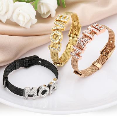 China TRENDY Personality Diy Zircon Alphabet Watch Band Bracelets Stainless Steel 26 Initial Letter Adjustable Custom Bracelet For Mom Gift for sale