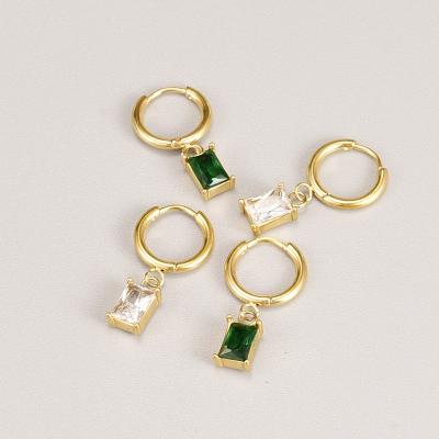 China Trendy Emerald Zircon Jewelry Stainless Steel Gold Plated Circle Earrings Square Pendant Fashion Earrings for sale