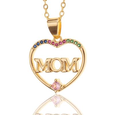 China 2023 FASHIONABLE Hot Sale Gold Plated Shiny Colorful Hollow Zircon Heart MOM Necklace Heart Initial Pendant Necklace For Mothers Day for sale