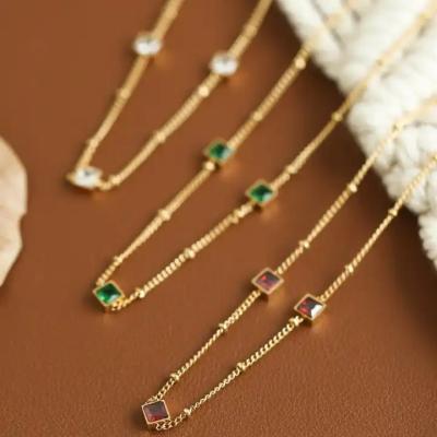 China FASHIONABLE Luxury Real 18K Gold Plated Emerald Necklaces Green Cubic Zirconia CZ Square Stainless Steel Choker Necklace for sale