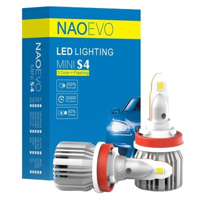 China Naoevo brand of color transfer led headlight led headlight H11 S4 three color and new small car design double color turn signal led headlight for sale