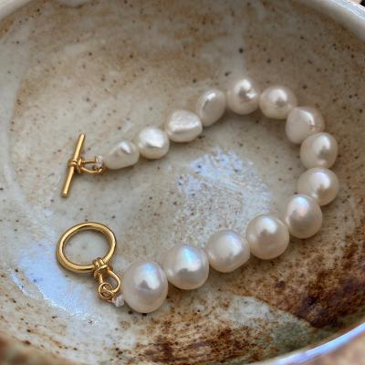 China TRENDY Handmade S925 18k Sterling Silver Gold Plated Baroque Freshwater Pearl Beaded Bracelets with Toggle Clasp for sale