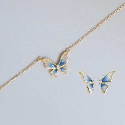 China TRENDY Enamel Pendant Blue Butterfly Earrings Stud Fine Quality S925 Sterling Silver Jewelry Fashion Jewelry Necklace Set Women for sale