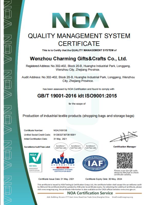 ISO9001 - Wenzhou Charming Gifts&Crafts Co., Ltd.