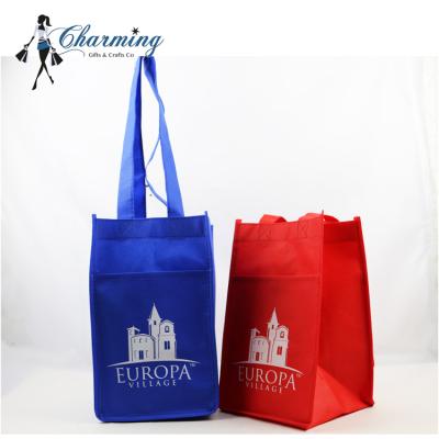 China Wholesale Custom Logo Recyclable Recycled Eco Friendly Reusable Red Nonwoven 4 Bottle Wine Carrier Bag, Wine Carrier Tote Bag for sale