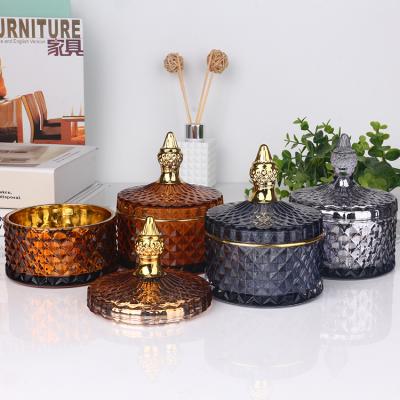 China Eco-friendly Mini Small Exquisite Luxury European Style With Shiny Lid Decoration Empty Glass Candle Jar for sale