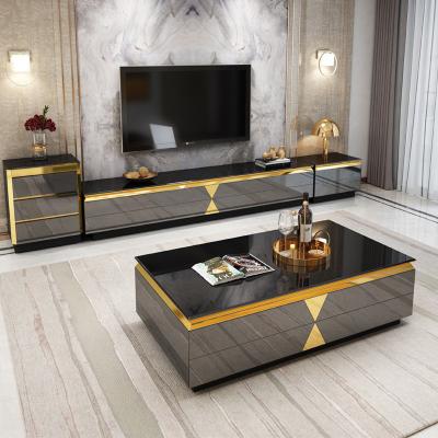 China Extendable Foshan factory Living room furniture sets metal center coffee tables with drawer modern luxury glass coffee table and tv stand for sale