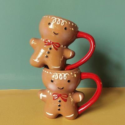 China Christmas Disposable Tea Mugs 3D Gingerbread Man Milk Coffee Water Ceramic Cup Mug Couples Christmas Gifts for sale