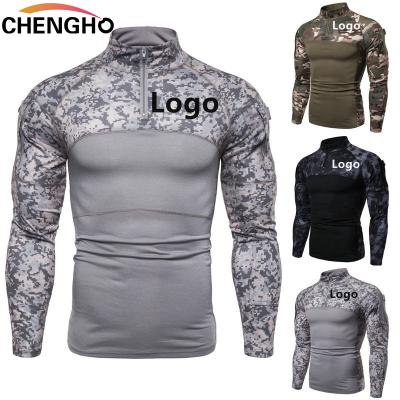 China 2022 Anti-Wrinkle Custom Logo Men's Military Battlefield Outdoor Fitness Basing Shirt Camouflage Zipper Pocket Long Sleeve T-Shirt for sale