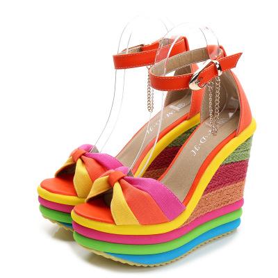 China CUSHIONING Unique 2021 Growing Height 13cm Rainbow Jute World-Victory Ladies Wedge Heel Sandals For Women for sale