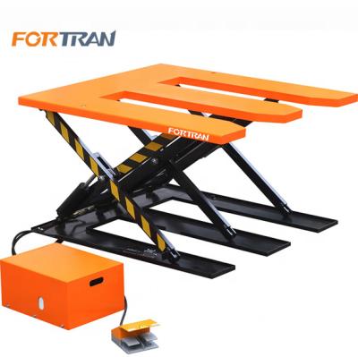 China Oil Resistant Fortran 1.5T E type scissor lift table with fork space for forklift handning materials for sale