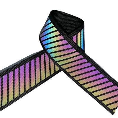 China 100% Polyester Reflective Tape 2cm Rainbow Wide Iridescent Diagonal Stripe Tape Fabric Diagonal Trim Sew On Tape for sale