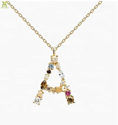 China TRENDY New 925 Sterling Silver Gold Plated Cursive Initial CZ Diamond Alphabet Letter Block Chain Necklace for sale