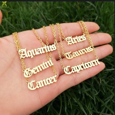 China Vintage Personalized Nameplate Necklace Customized Old English Zodiac Sign Font Name Necklace Jewelry Made12 for sale