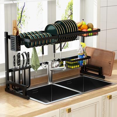 China Sustainable Drying Bowl Kitchen Over The Sink Stainless Steel Dish Racks Dish Rack Sink 2 Tier With Tray for sale