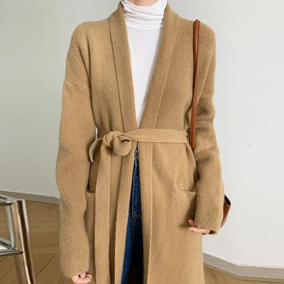 China Women Winter V-neck QUICK DRY Wool Knit Long Cardigan Belt Slimming Elegant Sweater Coat for sale