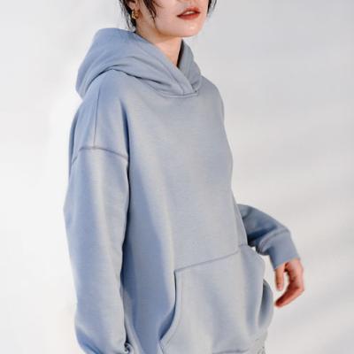 China 2021 Breathable Women Fashion Long Top Sleeve White And Blue Warm Casual Sports Hoodie Sweatshirt With Patch Pocket for sale