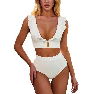 China 2021 Breathable Sexy Women Swimwear Metal Buckle Ruffled Swimsuit White Bikini for sale