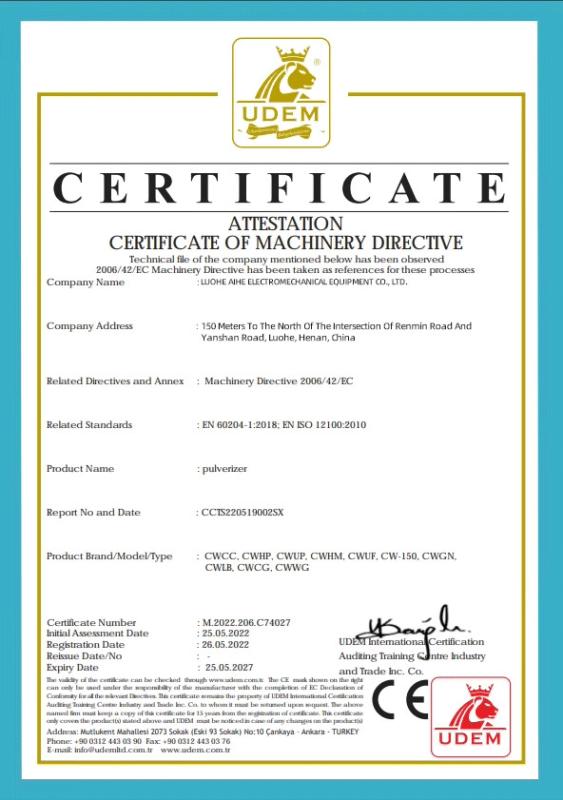 CERTIFICATE OF MACHINERY DIRECTIVE - Luohe Aihe Electromechanical Equipment Co., Ltd.